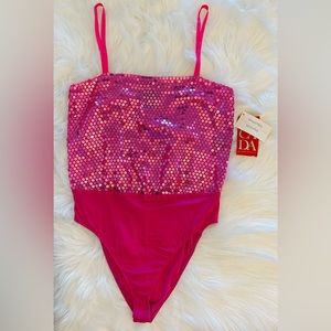 Vintage ESCADA by Margaretha Ley Pink Sequined Silk Bodysuit Leotard Onesie